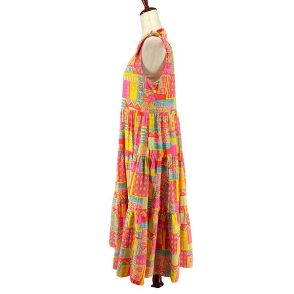 Vtg 80s 90s Two Potato Retro Artsy Midi Tiered Tie Shoulder Dress M Resort Wear - Picture 4 of 16